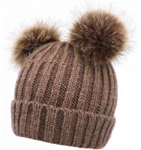 Skullies & Beanies Womens Beanie Winter Cable Knit Faux Fur Pompom Ears Beanie Hat - A_khaki - C018E3CCLOY $12.34