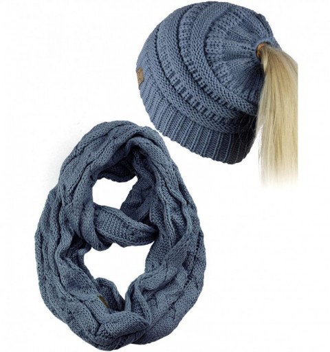 Skullies & Beanies BeanieTail Messy High Bun Cable Knit Beanie and Infinity Loop Scarf Set - Dark Denim - CF18KI0HXWX $43.21