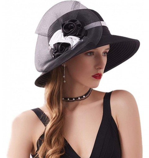 Sun Hats Women's Summer Sun Hat Foldable Floppy Organza Wide Brim Bucket Hat Straw Hat - H-black - CL18SH82RNK $17.18
