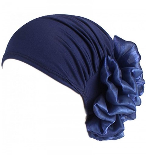 Skullies & Beanies Women Big Flower Elastic Beanie Head Wrap Chemo Cap Hat - Navy - CC18DZXI2TX $9.61