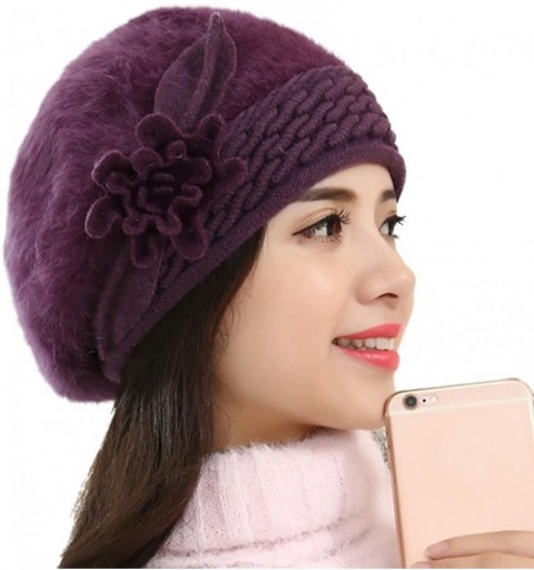 Berets Winter Beret Cap Womens Flower Knit Crochet Beanie Hat Winter Warm Cap - Purple 1 - CK185LHSS2I $8.86