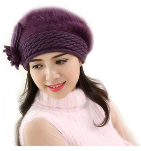 Berets Winter Beret Cap Womens Flower Knit Crochet Beanie Hat Winter Warm Cap - Purple 1 - CK185LHSS2I $8.86