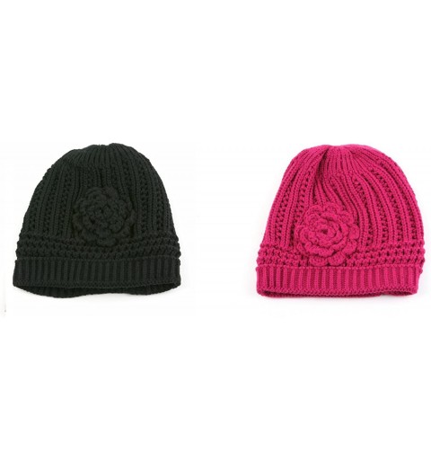 Skullies & Beanies Winter Knit Flower Beanie Hat 333HB - 2 Pcs Black & Hot Pink - CD122Q1N0L3 $11.06