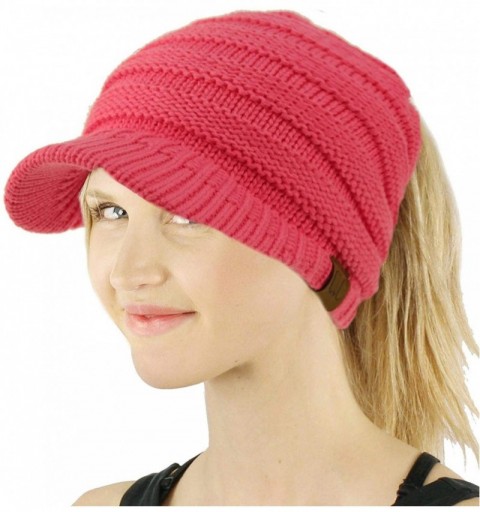 Skullies & Beanies Ponytail Visor Brim Messy Bun BeanieTail Stretchy Knit Beanie Sun Hat - Solid New Cd Pink - C618KAHCZ4T $1...