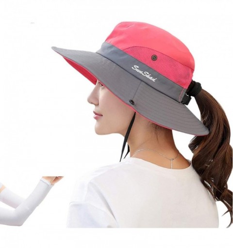 Sun Hats Women's Outdoor Sun Protection Wide Brim Mesh Fishing Hat Bucket Hat with Ponytails - Watermelon - CY18W9SEERY $9.17