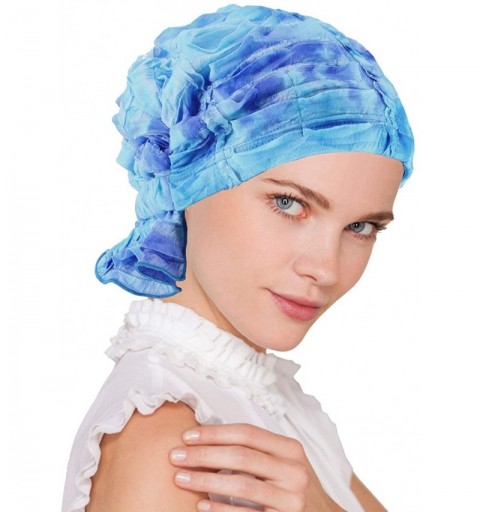 Skullies & Beanies The Abbey Cap in Ruffle Fabric Chemo Caps Cancer Hats for Women - 40- Ruffle Embroidered Blue Tie Dye - CY...