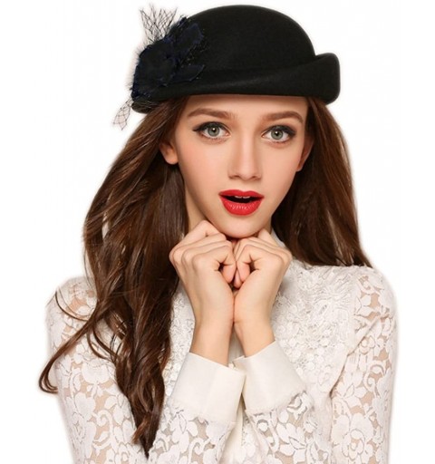 Skullies & Beanies Womens 100% Wool Veil Flower Pillbox Hat Winter Hat Crimping Beanie Hat - Black - CA1877632EL $38.76