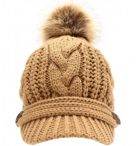 Skullies & Beanies Women's Chunky Winter Soft Cable Knitted Double Layer Visor Beanie Hat with Faux Fur Pom Pom - Camel - CI1...