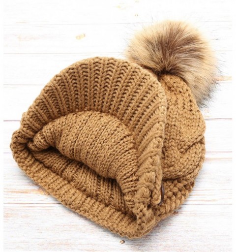 Skullies & Beanies Women's Chunky Winter Soft Cable Knitted Double Layer Visor Beanie Hat with Faux Fur Pom Pom - Camel - CI1...