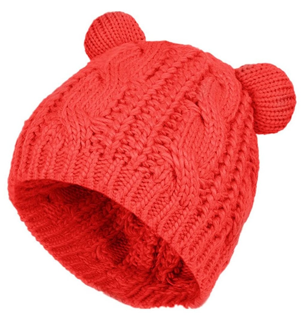Skullies & Beanies Cute Knitted Bear Ear Beanie Women Winter Hat Warmer Cap - Red - CS188C3W0II $10.65