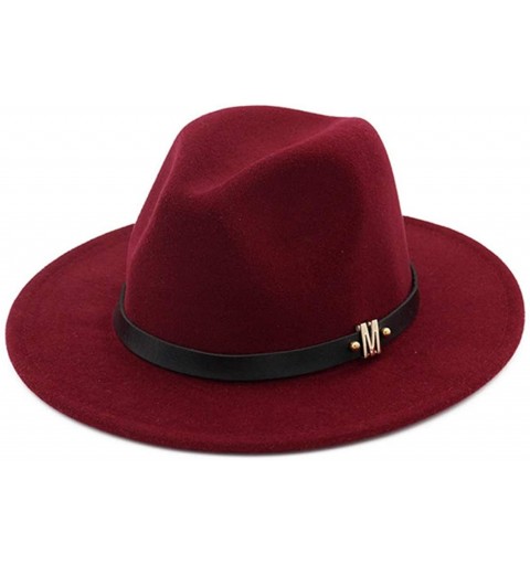 Fedoras Men's Woolen Wide Brim Fedora Hats Classic Vintage Fashion Trilby Hat Jazz Cap with Black Leather Belt - Wine Red - C...