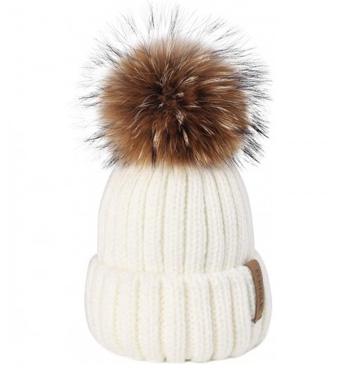 Skullies & Beanies Winter Knit Hat Detachable Real Raccoon Fur Pom Pom Womens Girls Warm Knit Beanie Hat - CU1251TBTMT $19.91
