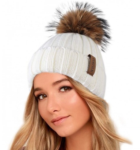 Skullies & Beanies Winter Knit Hat Detachable Real Raccoon Fur Pom Pom Womens Girls Warm Knit Beanie Hat - CU1251TBTMT $19.91