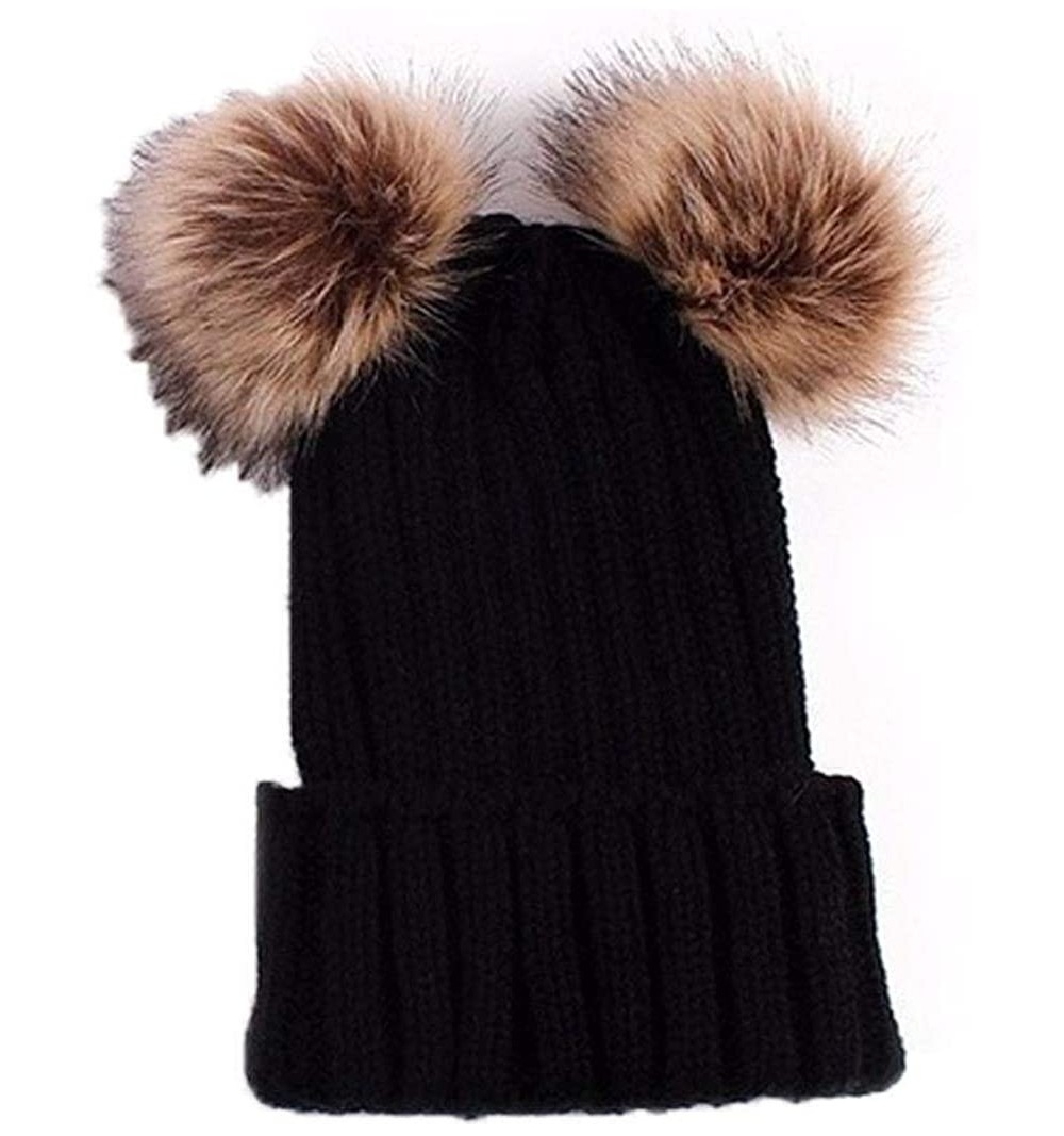Skullies & Beanies Adults Children Double Fur Winter Casual Warm Cute Knitted Beanie Hats Hats & Caps - Black - CW18ADTH864 $...