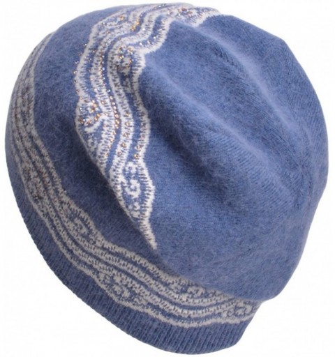 Berets Womens Wool Crochet Rhinestone Beanie Beret Warm Winter Lace Trim Hat T269 - Blue - CU1867CEH72 $10.57