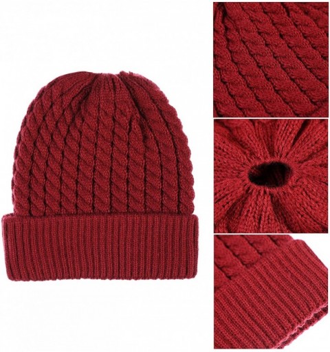 Skullies & Beanies Womens Ponytail Messy Bun Beanie Winter Warm Stretchy Cable Knit Cuffed Beanie Hat Cap - Wine Red - C818ZZ...