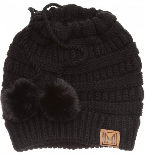 Skullies & Beanies Women's Ponytail Messy Bun Beanie Ribbed Knit Hat Cap with Adjustable Pom Pom String (2 Pack - Black & Gre...