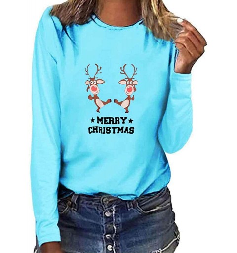 Balaclavas Womens Christmas Long Sleeve Sweatshirt Merry Christmas Letter Print Shirt O-Neck Fall Blouse Jumper Tops - Blue -...