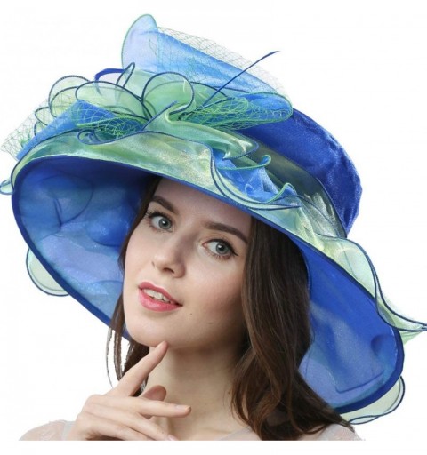 Sun Hats Women Dress Fantastic Fancy Feather Veil Floral Brim Hat Kentucky Derby Church Wedding Tea Party Cap - Blue/Green - ...