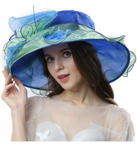 Sun Hats Women Dress Fantastic Fancy Feather Veil Floral Brim Hat Kentucky Derby Church Wedding Tea Party Cap - Blue/Green - ...