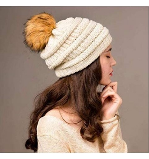 Skullies & Beanies Womens Girls Winter Knit Slouchy Beanie Hat Warm Skull Ski Cap Faux Fur Pom Pom Hats for Women - C019394CL...