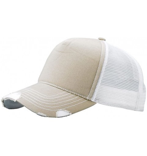 Baseball Caps Cotton Twill Distressed Mesh Trucker Hat - Khaki / White - C511BXJONYD $22.95
