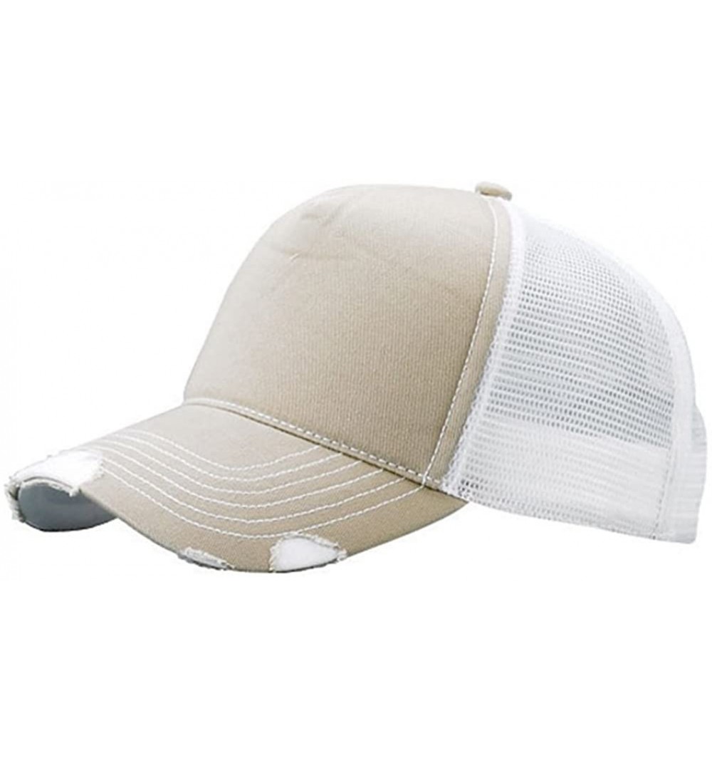 Baseball Caps Cotton Twill Distressed Mesh Trucker Hat - Khaki / White - C511BXJONYD $9.44