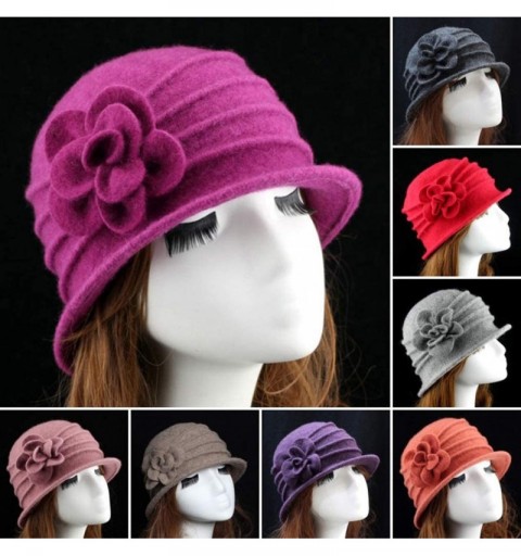 Fedoras Women 100% Wool Solid Color Round Top Cloche Beret Cap Flower Fedora Hat - 3 Black - C8186WZ72X2 $14.59