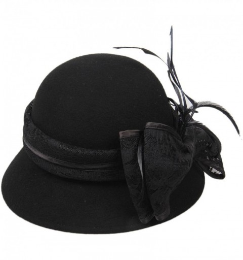 Sun Hats Womens Lace Bow Bucket Hat Wool Felt Feather Sun Hat - Black - CL12N354U9D $25.88