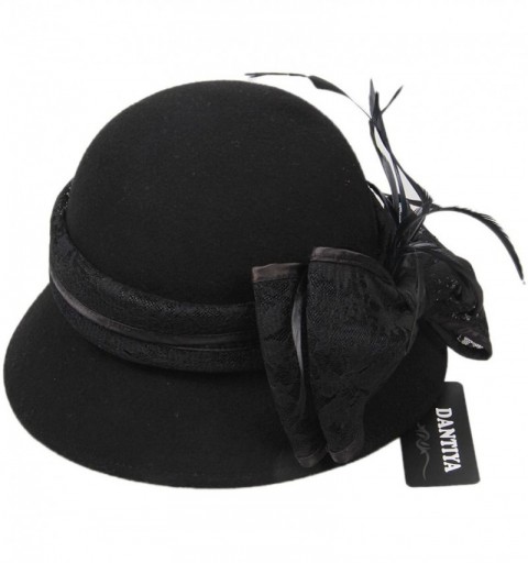 Sun Hats Womens Lace Bow Bucket Hat Wool Felt Feather Sun Hat - Black - CL12N354U9D $25.88