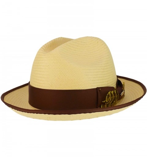 Fedoras Feathered Grosgrain Hat Band Straw Gambler Fedora Hat - Natural - CJ18TU9S59N $93.16