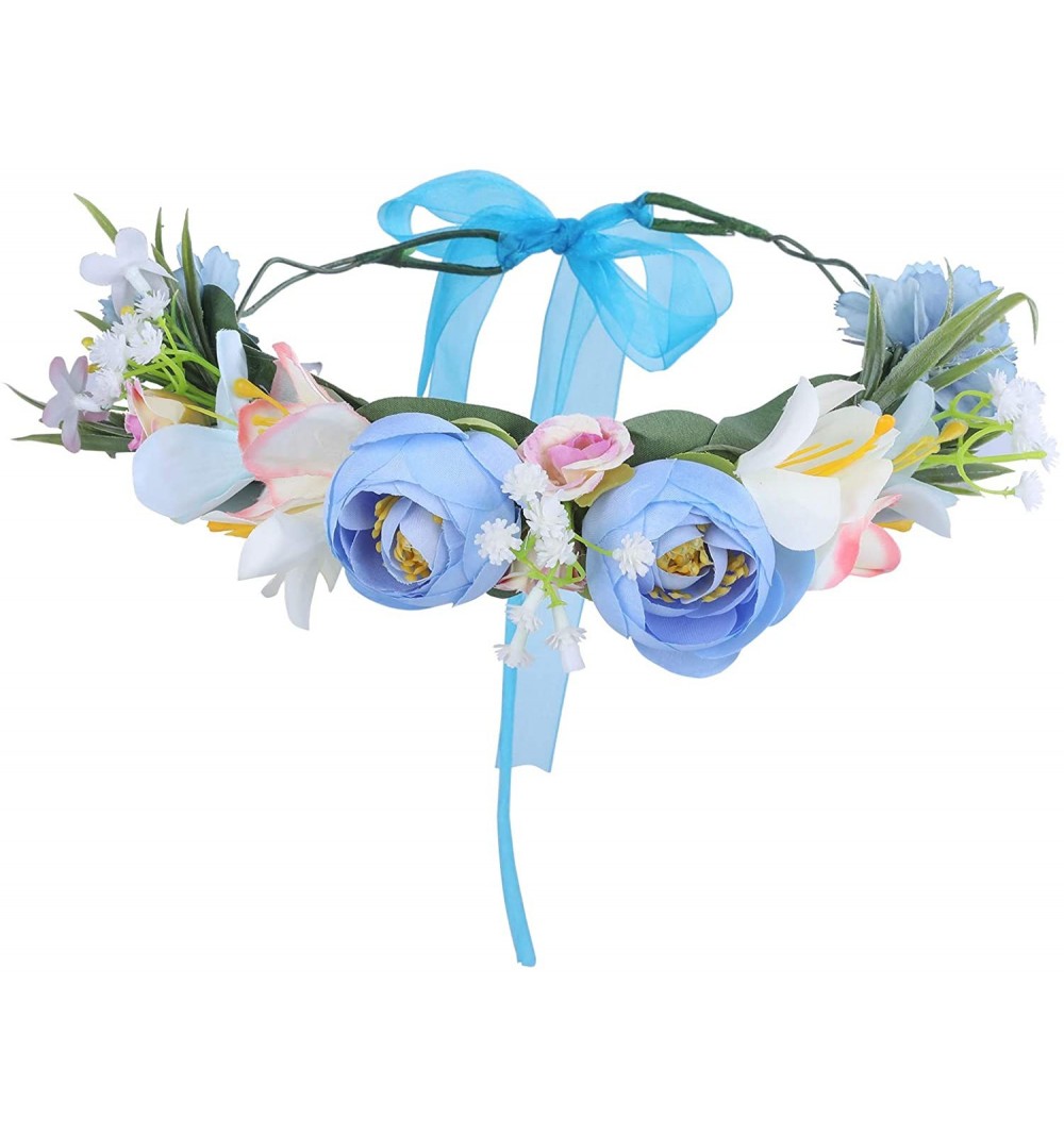 Headbands Adjustable Flower Crown Headband - Flower Headband for Women Girl Floral Festival Wedding Party Wreath - Blue - C11...
