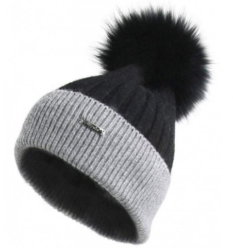 Skullies & Beanies Women's Girls Slouchy Beanie Hat with Fur Pompom Warm Winter Hat - Womens Black Gray Hat-black Fur - CI18K...