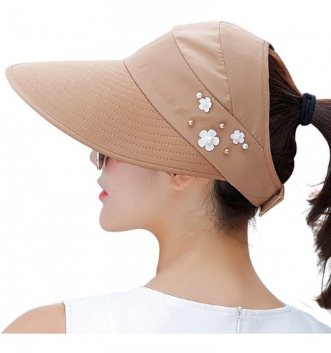 Sun Hats Women's UV Protection Wide Brim Cap Packable Visor Summer Beach Sun Hats - Khaki (Flowers) - CU18D2K3W4S $10.35