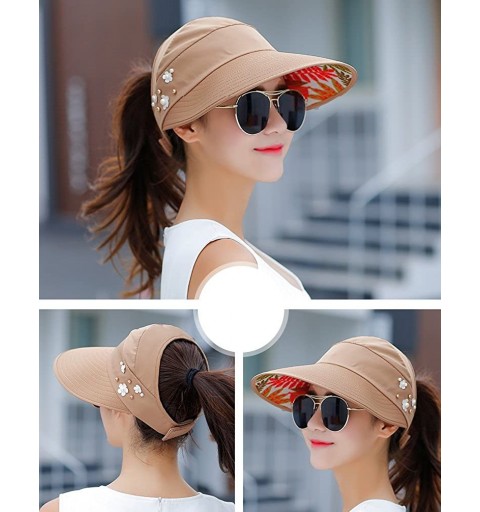 Sun Hats Women's UV Protection Wide Brim Cap Packable Visor Summer Beach Sun Hats - Khaki (Flowers) - CU18D2K3W4S $10.35