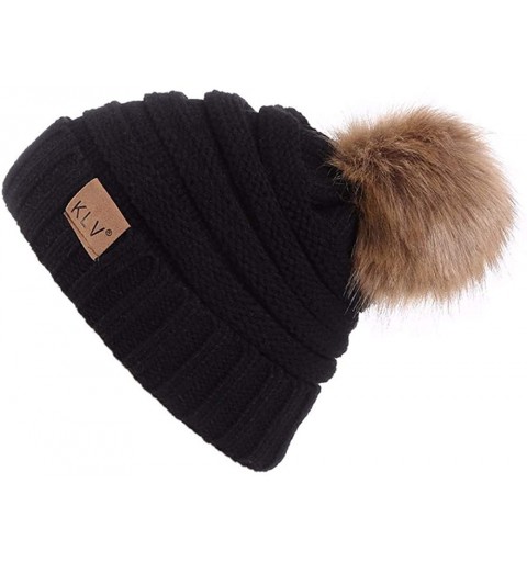 Skullies & Beanies Women Knit Slouchy Beanie Chunky Baggy Hat with Faux Fur Pompom Winter Soft Warm Ski Cap - Black - CL19273...