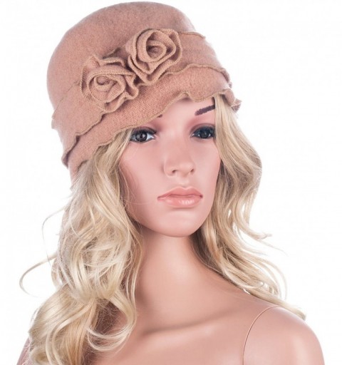 Berets Womens Gatsby 1920s Winter Wool Cap Beret Beanie Crochet Bucket Flower Hat A285 - Camel - C912629GVVV $10.63