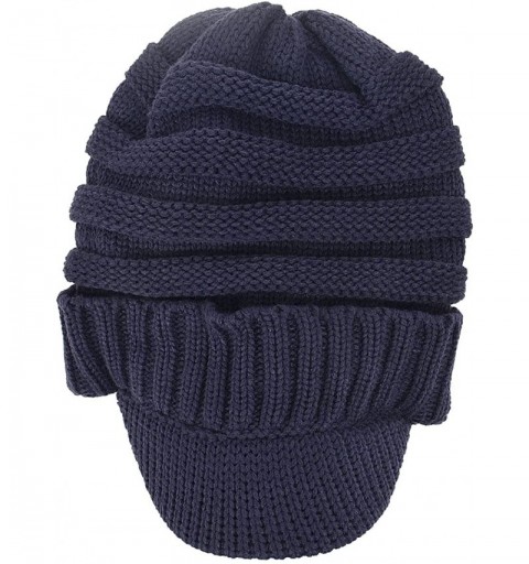 Skullies & Beanies Men Stripe Knit Visor Beanie Hat for Winter - B320-navy - C7186Q3I4R6 $12.03
