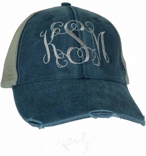 Baseball Caps Monogrammed Distressed Trucker Hat Navy Blue - C512MAV8E0L $18.31