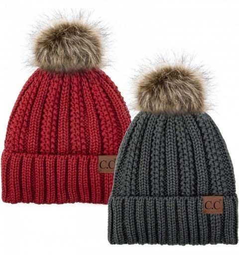 Skullies & Beanies Thick Cable Knit Hat Faux Fur Pom Fleece Lined Cap Cuff Beanie 2 Pack - Dk Melange/Red - C81924A2GR0 $28.06