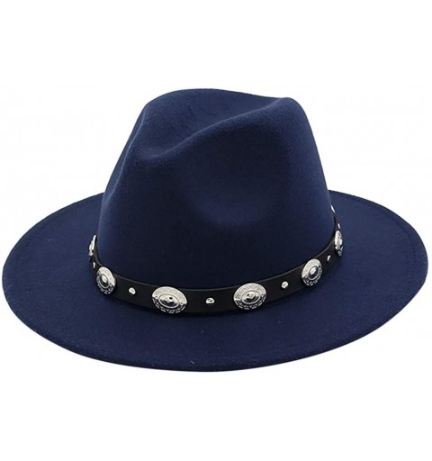 Fedoras Mens Western Cowboy Hat Faux Felt Wide Brim Fedora Hat - A Navy - C8193W7H4W8 $9.59