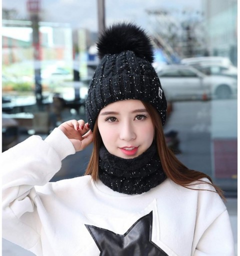 Skullies & Beanies Womens Winter Beanie Hat Scarf Set Warm Fuzzy Knit Hat Neck Scarves - B-black - CF18M8K7SRM $13.49