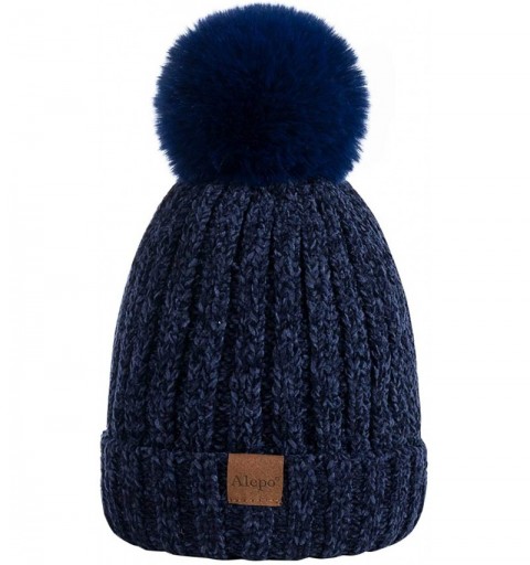 Skullies & Beanies Womens Winter Beanie Hat- Warm Fleece Lined Knitted Soft Ski Cuff Cap with Pom Pom - Chenille-navy - C918X...