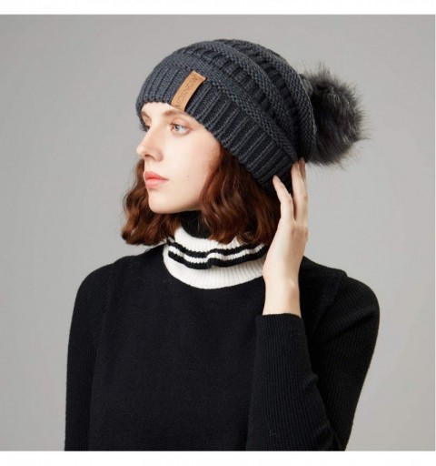 Skullies & Beanies Women's Winter Hat Slouchy Beanie Knit Watch Cap Faux Fur Pom Pom Hat Crochet Hats for Women - Dark Gray -...