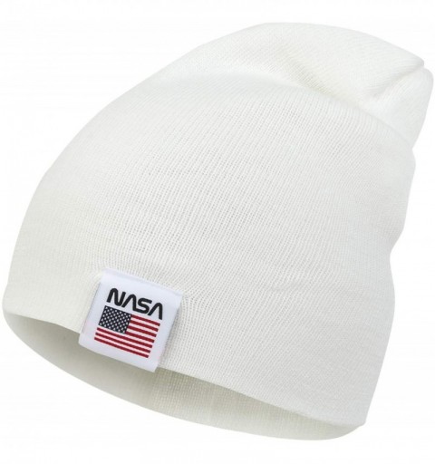 Skullies & Beanies NASA Logo Label 2-Way Soft Beanie Ribbed Knit Slouchy Cotton Hat - White - CM1930MWT06 $16.08