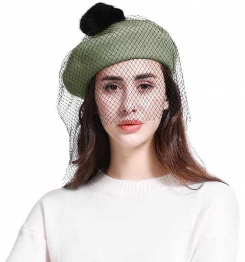 Berets Women's Franch Inspired Wool Felt Beret Hat with Veil Cocktail Hat - Pompom-green - CN1888IN442 $13.68