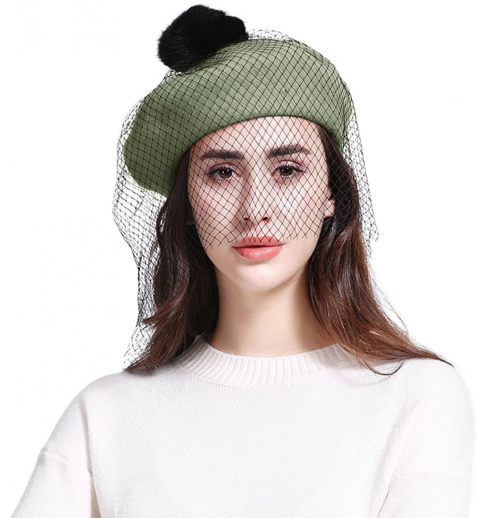Berets Women's Franch Inspired Wool Felt Beret Hat with Veil Cocktail Hat - Pompom-green - CN1888IN442 $13.68