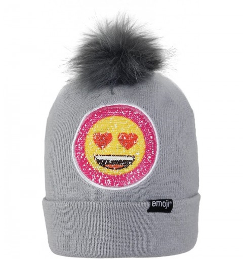 Skullies & Beanies Emoji Reversible Brush Changing Sequins Smiley Face Winter Beanie Hat w Fur Pom Pom - Grey - CB187D4GQLK $...