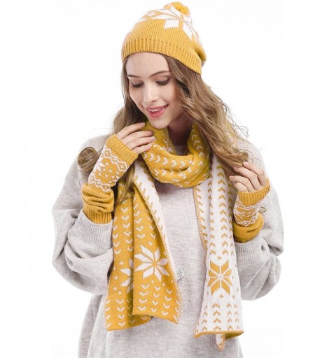 Skullies & Beanies Women Lady Winter Warm Knitted Snowflake Hat Gloves and Scarf Winter Set - Yellow - C311PPONEY7 $26.80