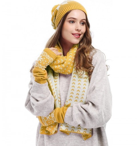 Skullies & Beanies Women Lady Winter Warm Knitted Snowflake Hat Gloves and Scarf Winter Set - Yellow - C311PPONEY7 $26.80